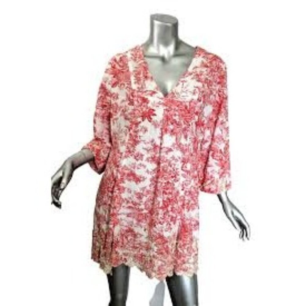 Soft Surroundings‎ Blouse Tunic Embroidered Wood Bead Detail Red White Size M